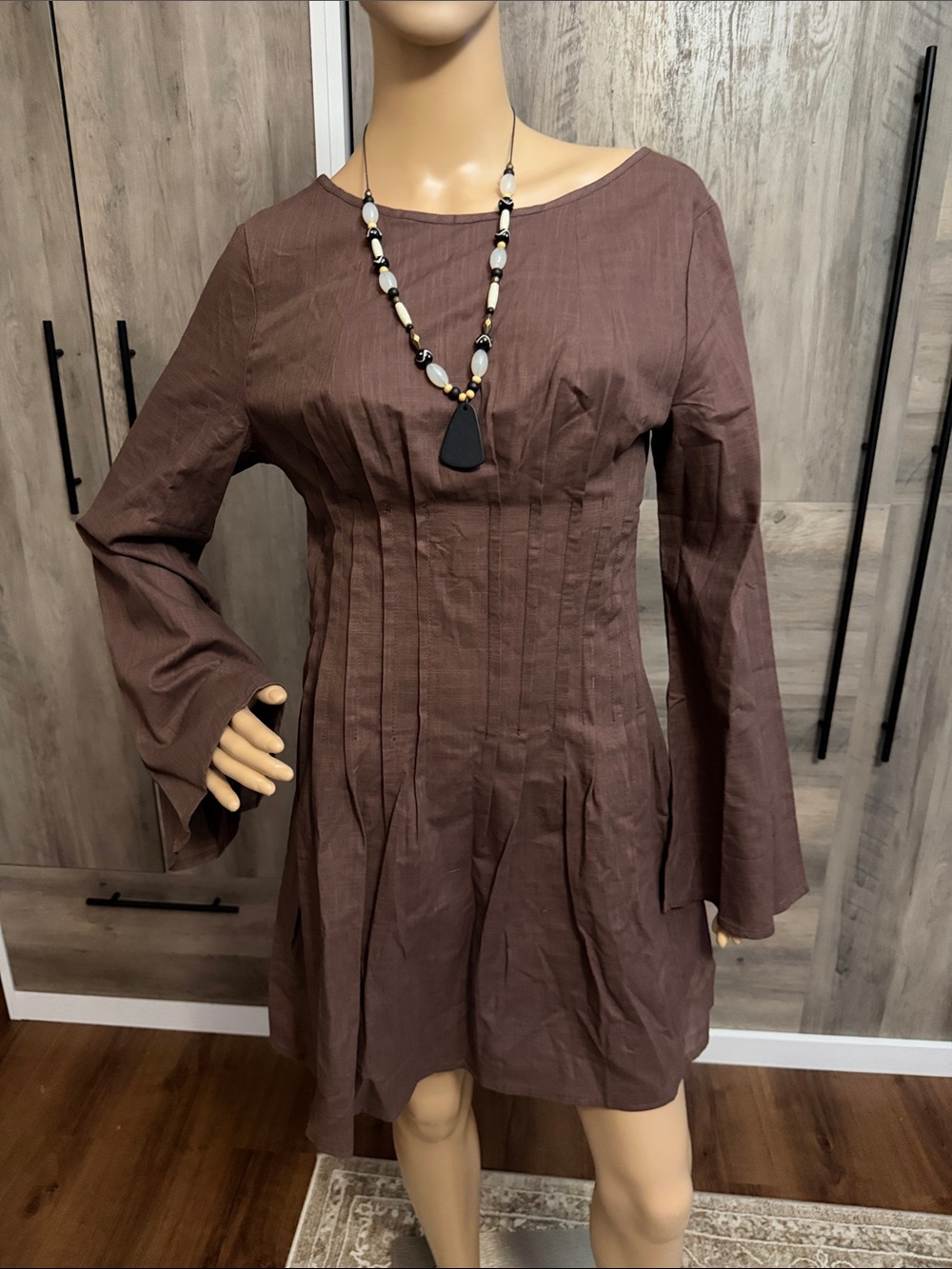 Women's Brown Long-Sleeve Pleated A-Line Mini Dress